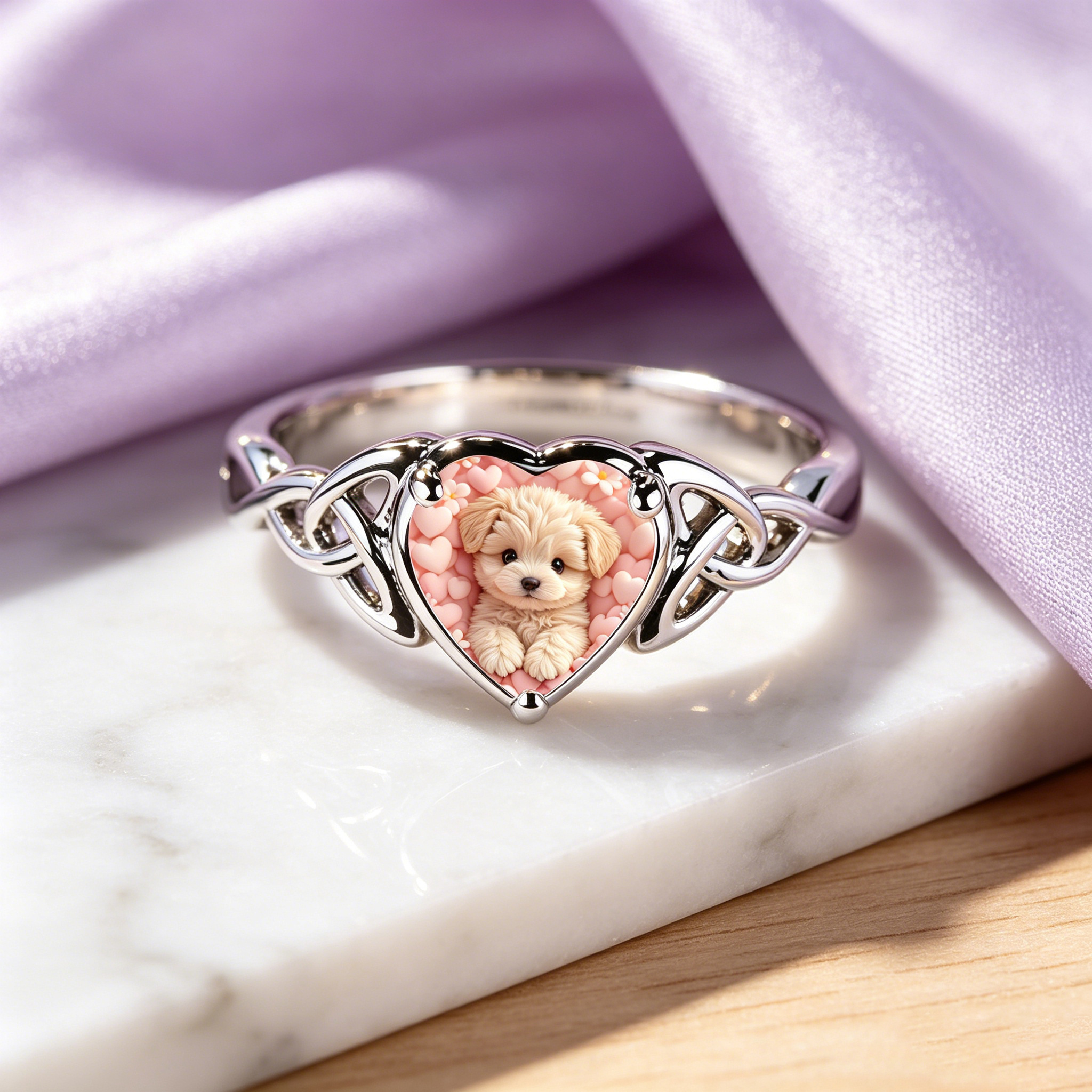Fluffy Cream Maltipoo Dog Heart Floral Ring